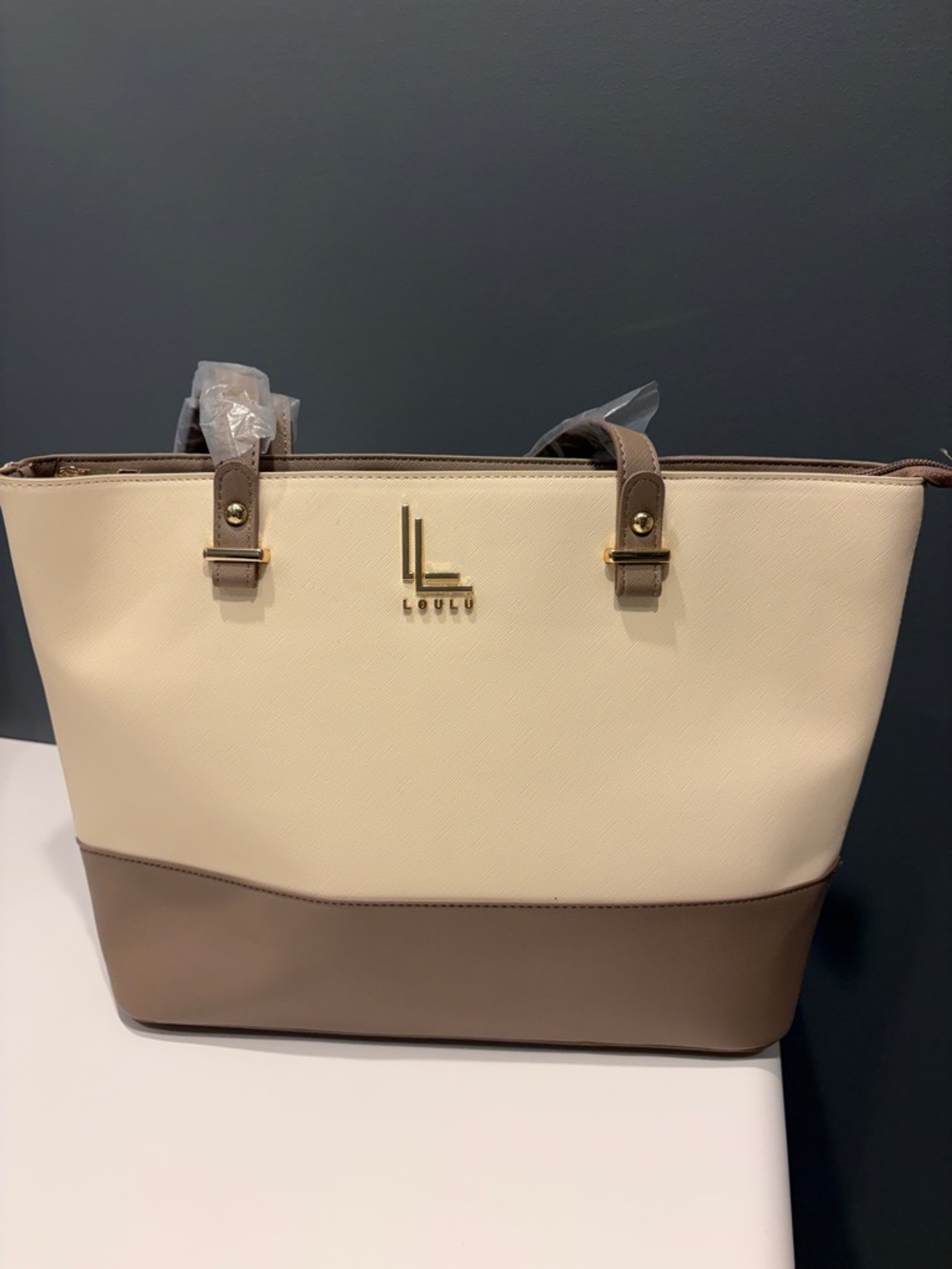 Loulu Two-Tone Cream and Taupe Structured Tote